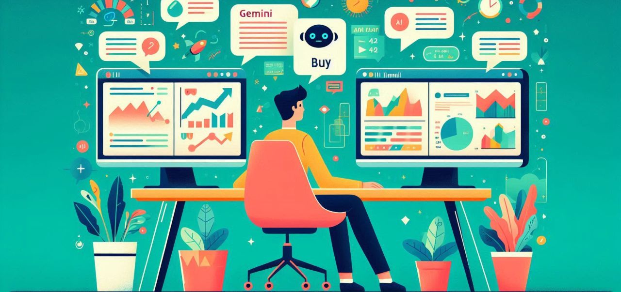 Gemini AI akcijų analizė kompiuterio ekrane